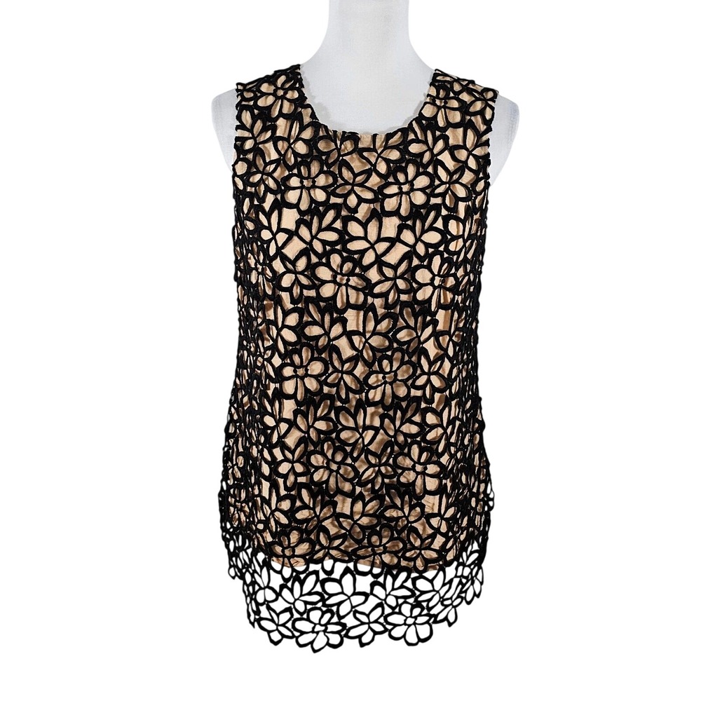 Lela Rose Neiman Marcus Silk Floral Lace Overlay Sleeveless Top Tan Black XS